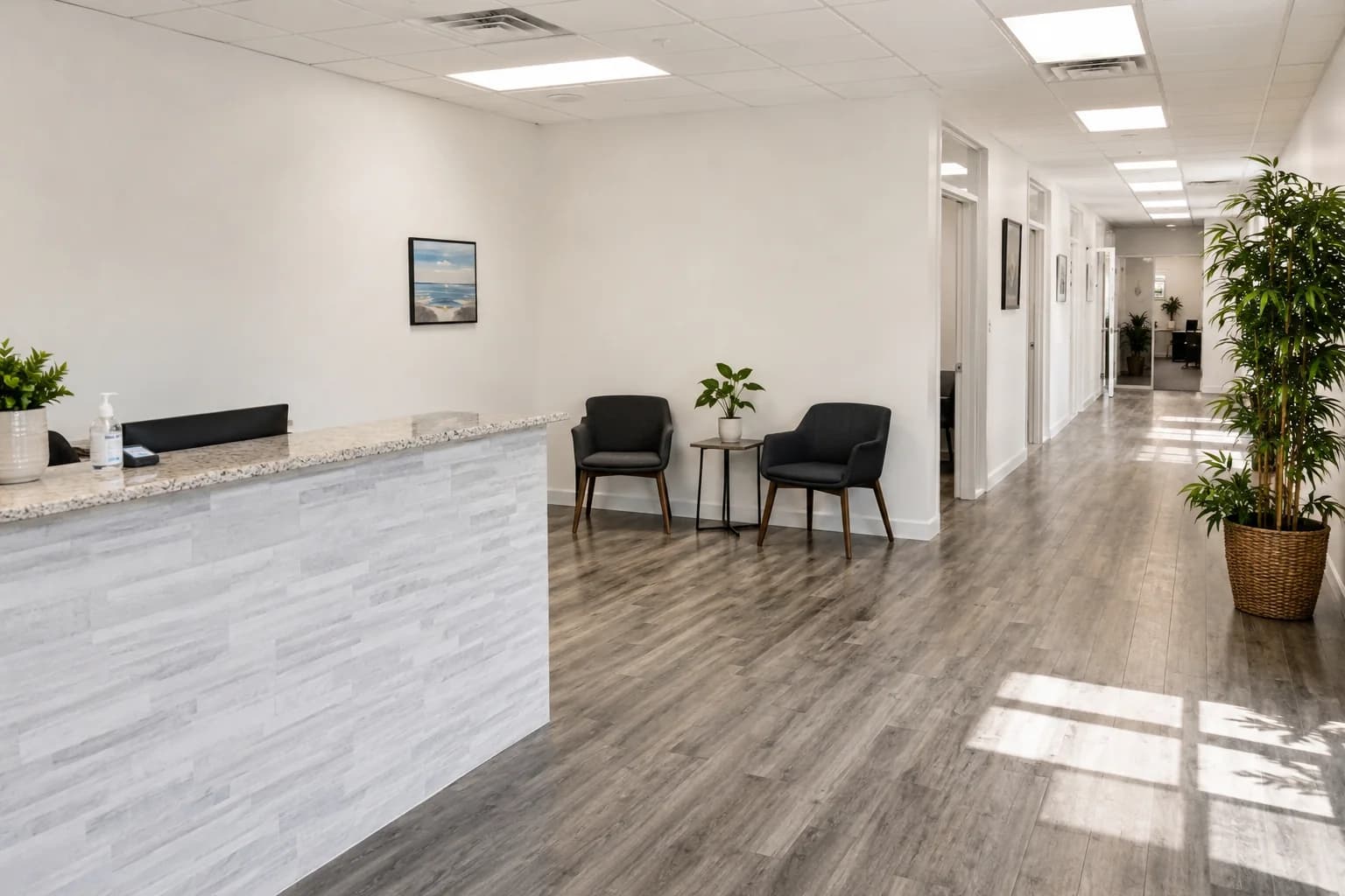 Clean light commercial reception and office space